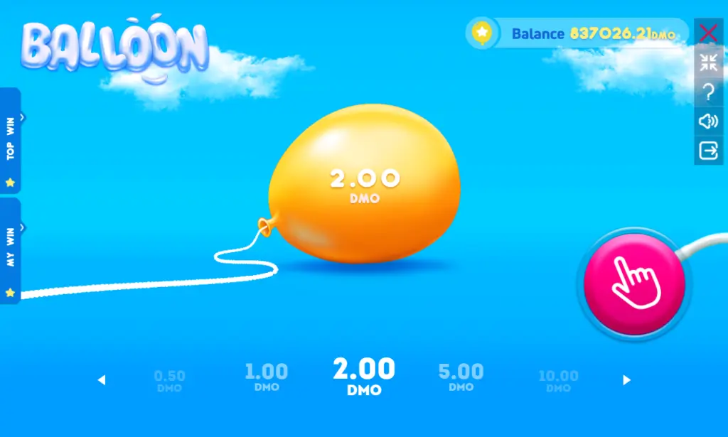 Interfaz del juego Balloon con el globo inflándose y los botones de apuesta