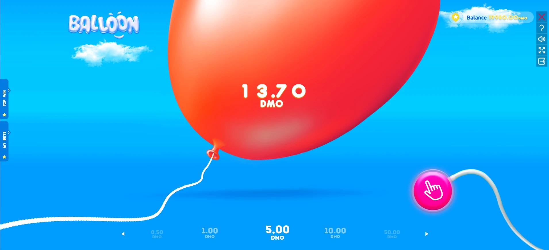 Globo rojo grande en la demo de Balloon con un multiplicador alto en pantalla